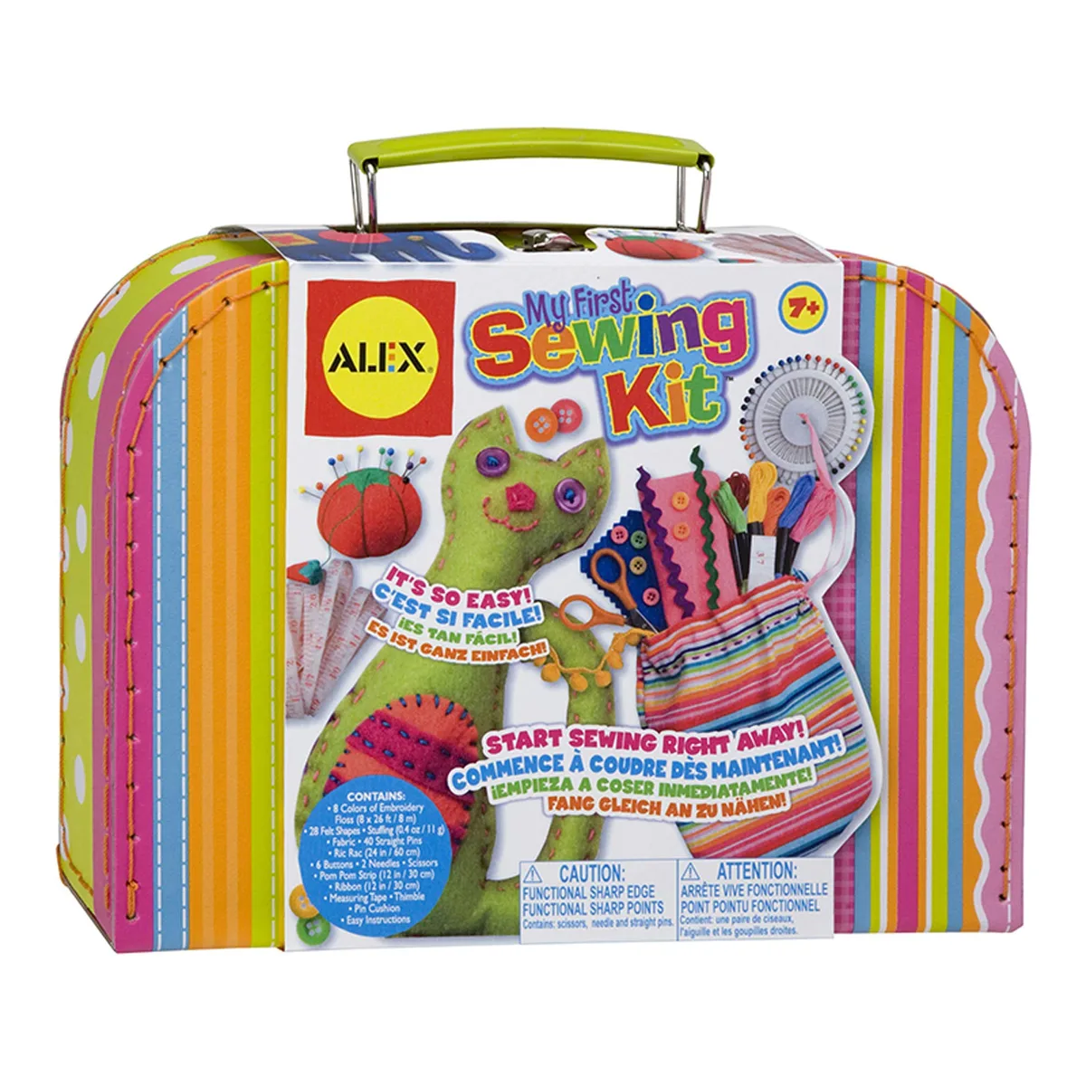 The classic Alex Toys My First Sewing Kit suitcase, with all sixteen project supplies tucked inside.
