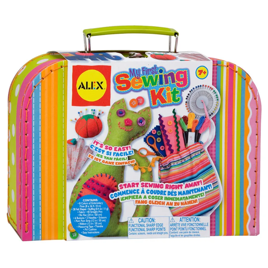 Pre-cut felt, embroidery floss, and blunt needles arrive in a bright carry-along suitcase suited for