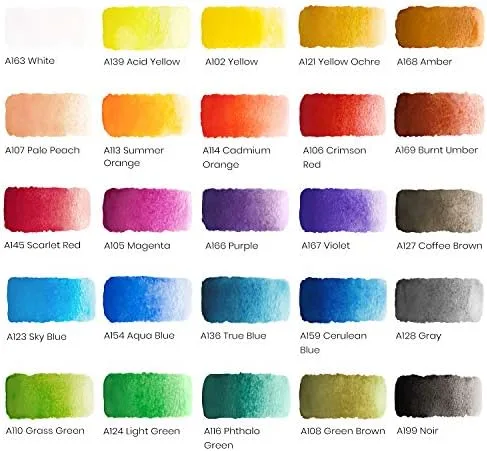 Arteza's pigment chart spans 25 named colors from acid yellow to phthalo green and noir.