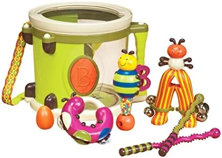 The full ensemble: drum case, drumsticks, tambourine, jingle stick, maraca, and egg shaker.