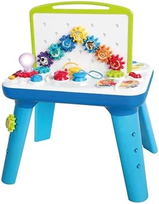 The Curiosity Table photographed straight-on, gears, light-up dome, and rattle assembly all visible.