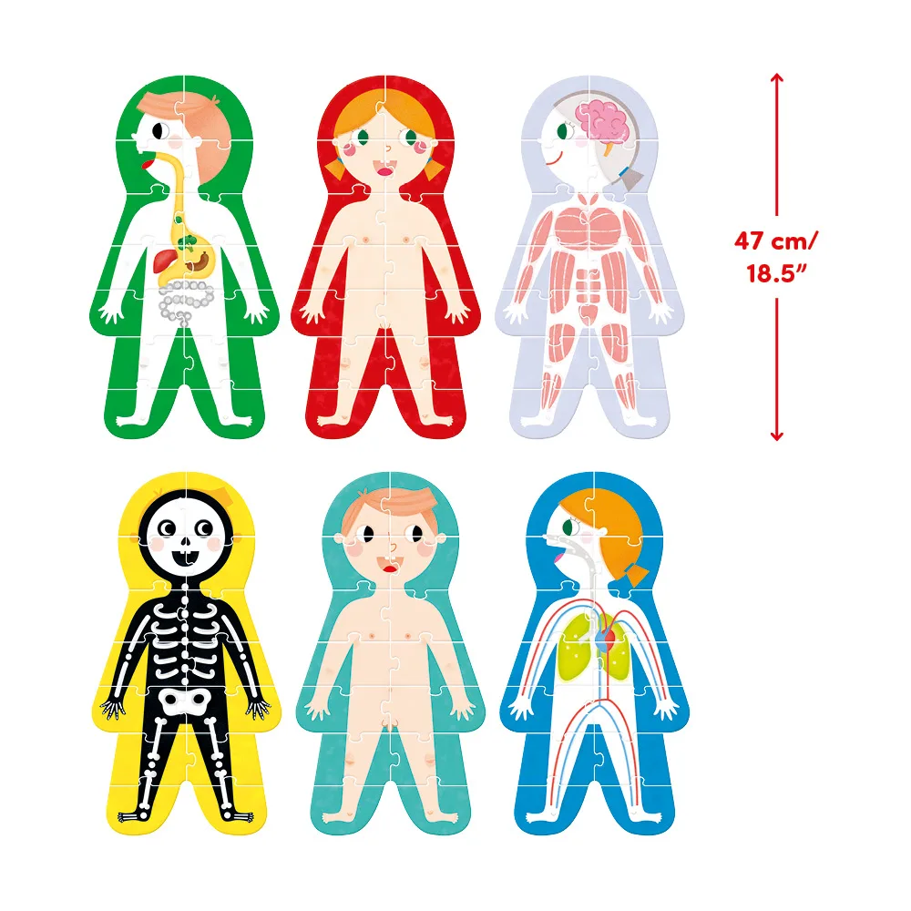 Six completed body figures show the puzzle's full layout, each standing roughly 47 centimeters tall.