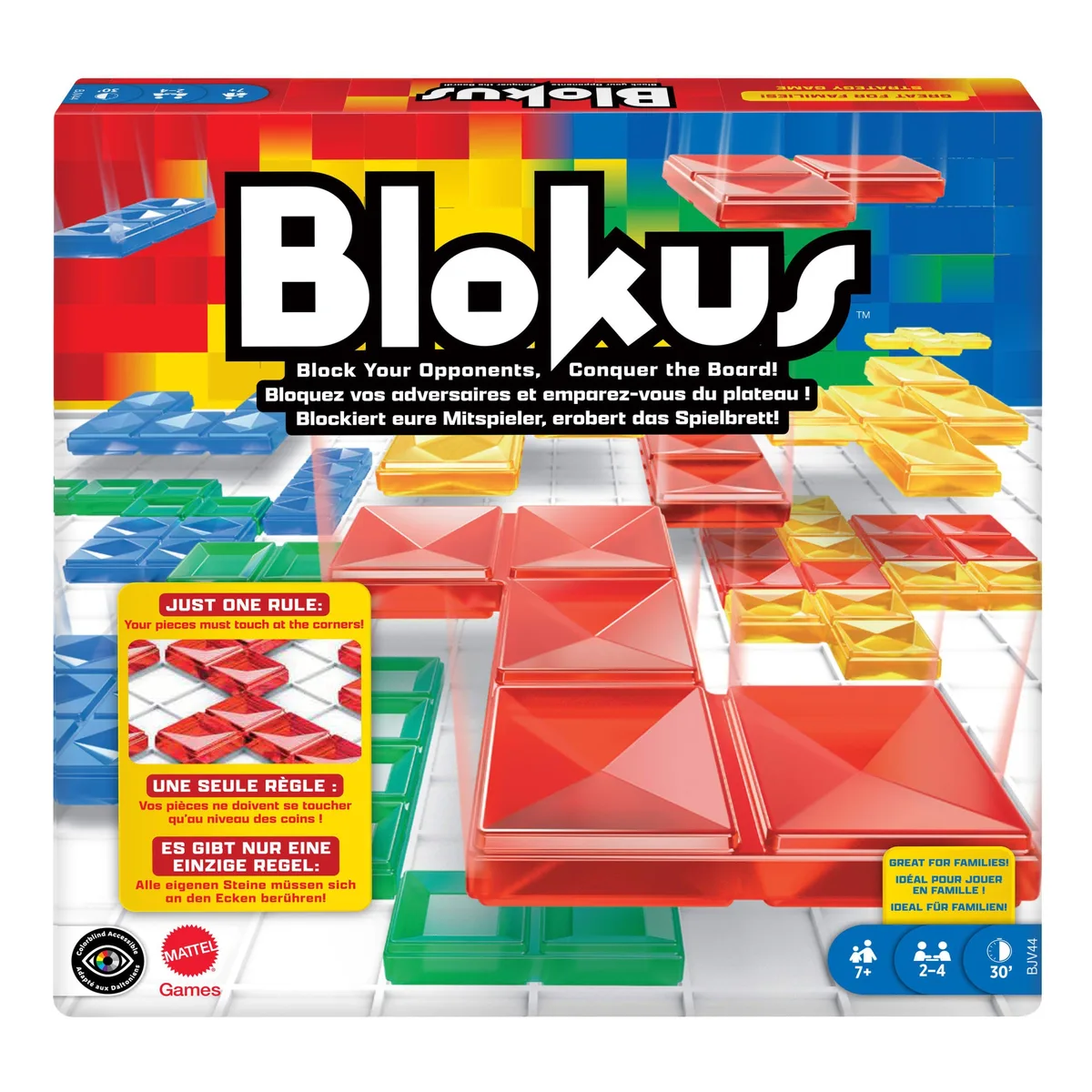 The retail box previews the translucent pieces and the single rule that drives every game.