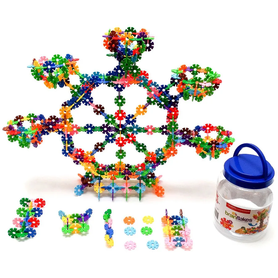 The full 500-piece set with storage jar and a sample build demonstrating connection geometry.