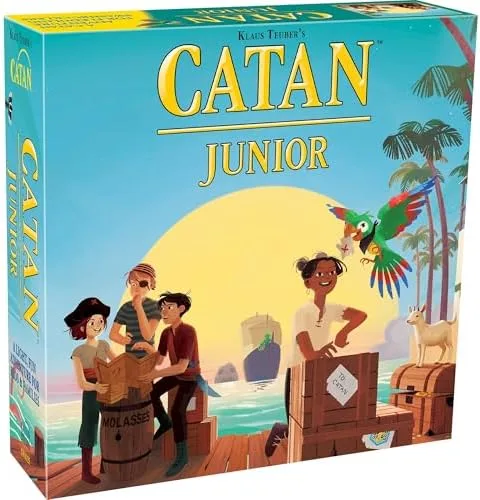 The Catan Junior box frames the game's pirate-island setting and signals its lighter, family-first a