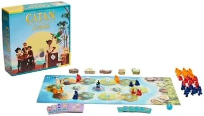 Boxed components fan out into a full play setup: island board, ships, lairs, and resource cards.