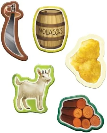 Five resource tiles drive every trade decision: cutlass, molasses, gold, goat, and wood.