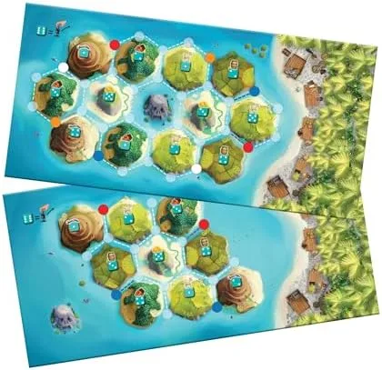 The two-sided board lays out a ring of tropical islands where children build pirate lairs and ships.