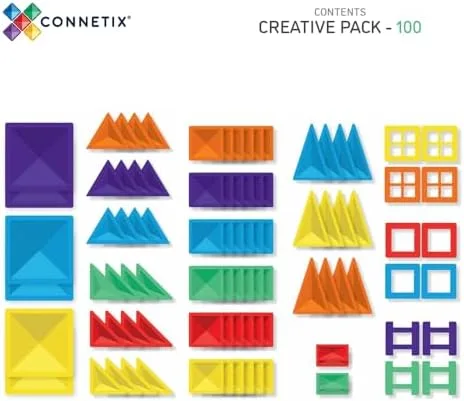The full 100-piece Creative Pack inventory: squares, triangles, rectangles, and window pieces sorted