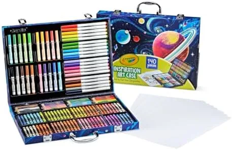 The case opens to reveal organized rows of crayons, markers, and colored pencils in lift-out trays.