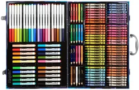 Markers, colored pencils, and crayons sit in graduated color order across the molded interior trays.