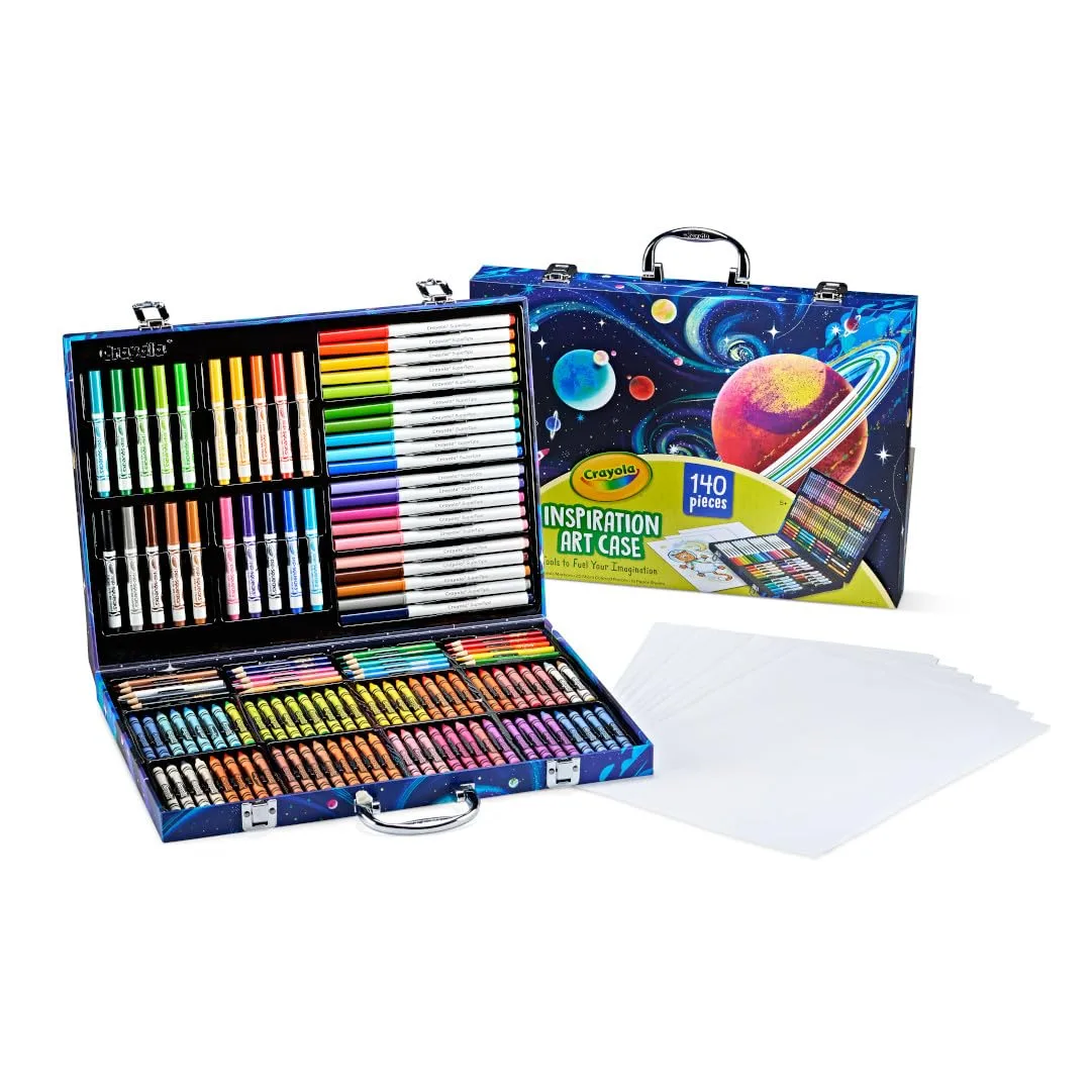 The 140-piece case opens to reveal scented markers, oil pastels, and crayons in dedicated trays.