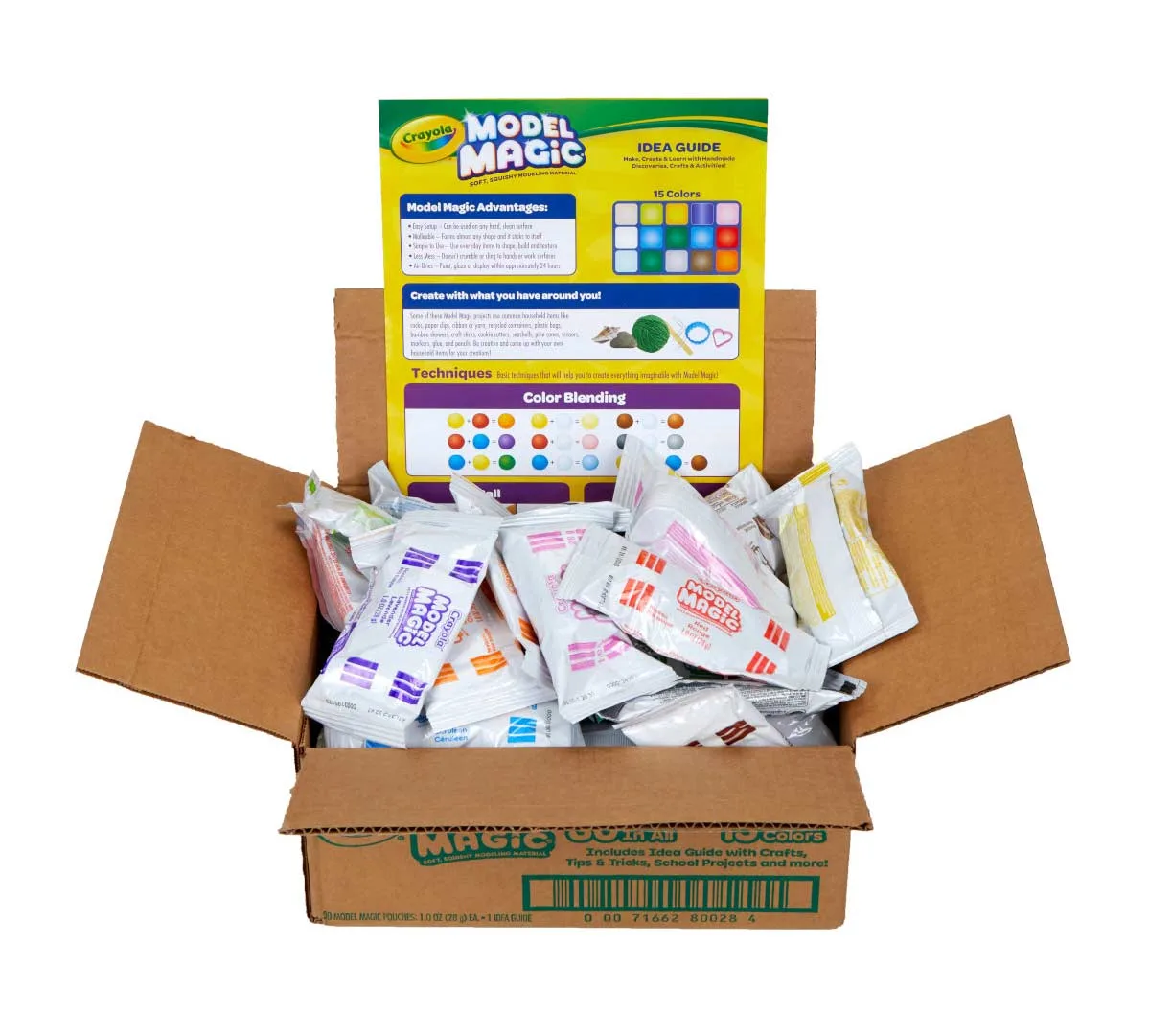 An open Model Magic value box reveals individually wrapped color pouches and the included idea guide