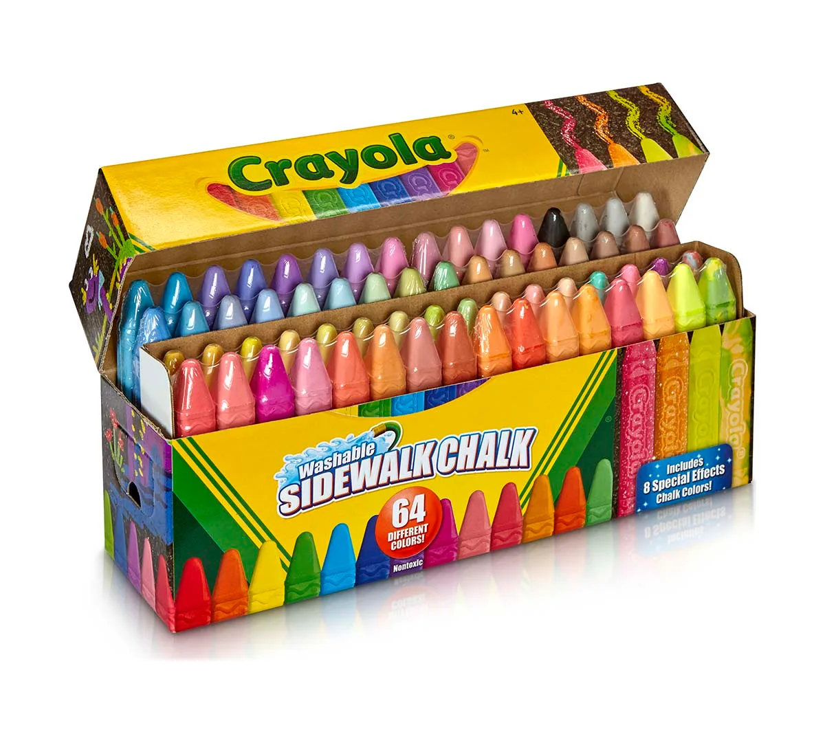 The 64-count box opens to reveal two tiers of chalk in every imaginable color.