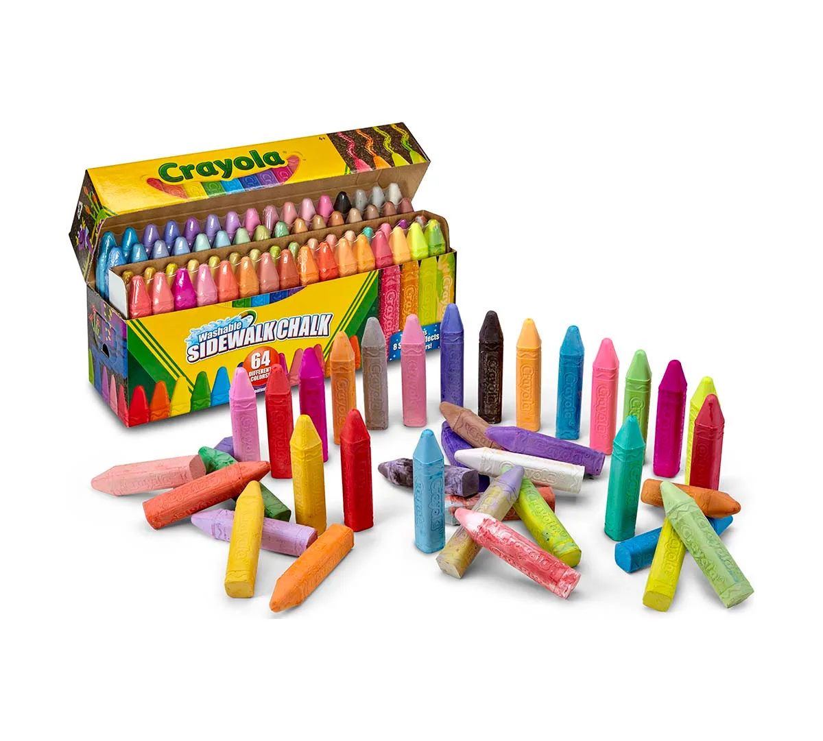 Chalk sticks spilled in front of the box show the chunky, kid-friendly proportions.