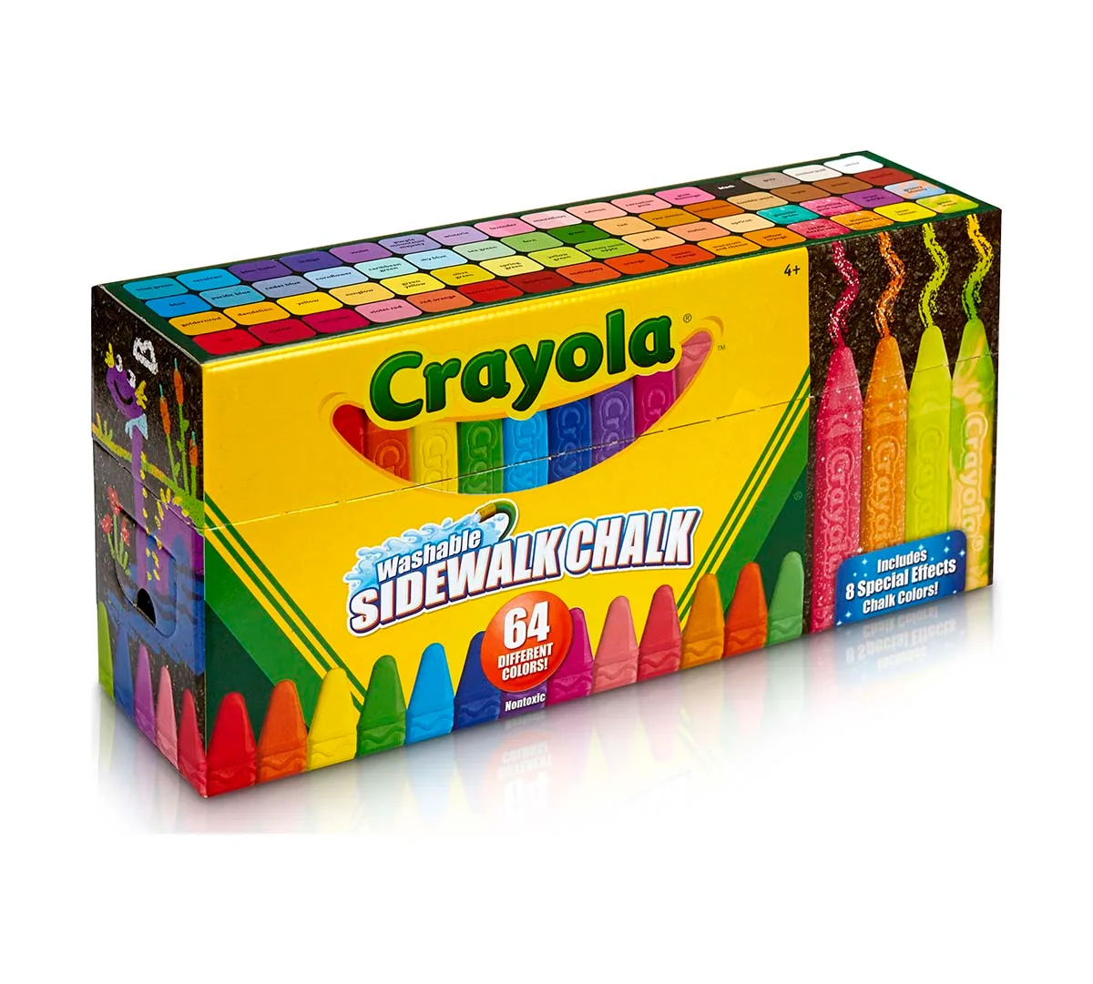The closed package — 64 colors, eight special-effects sticks, ages four and up.