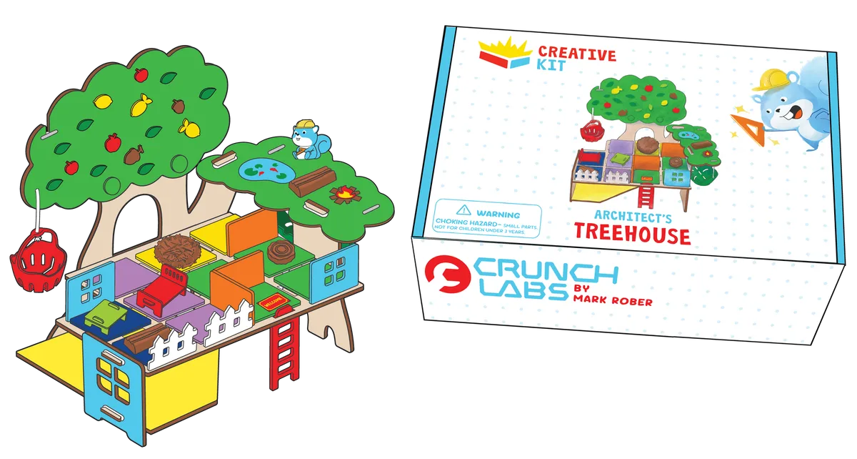 The Architect's Treehouse kit pairs a layered cardstock build with its arrival box.