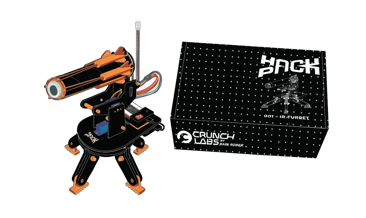 The Hack Pack IR turret leans engineering-forward, signaling the brand's older-kid track.