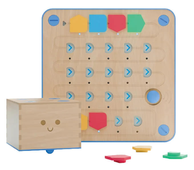 Cubetto's tactile programming language: directional arrows, function loops, and the friendly wooden 