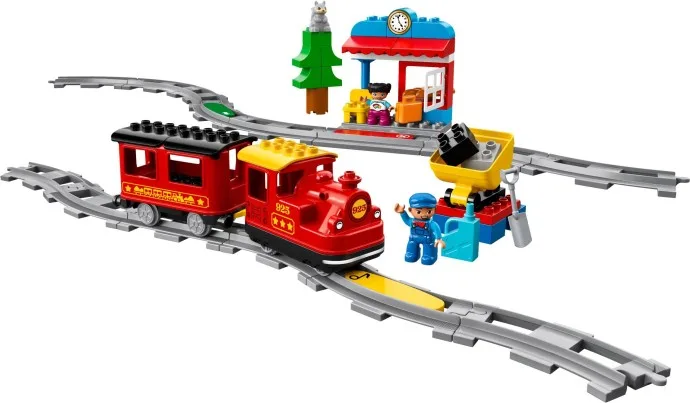 The full DUPLO Steam Train set assembled: locomotive, passenger car, station, figures, and a complet