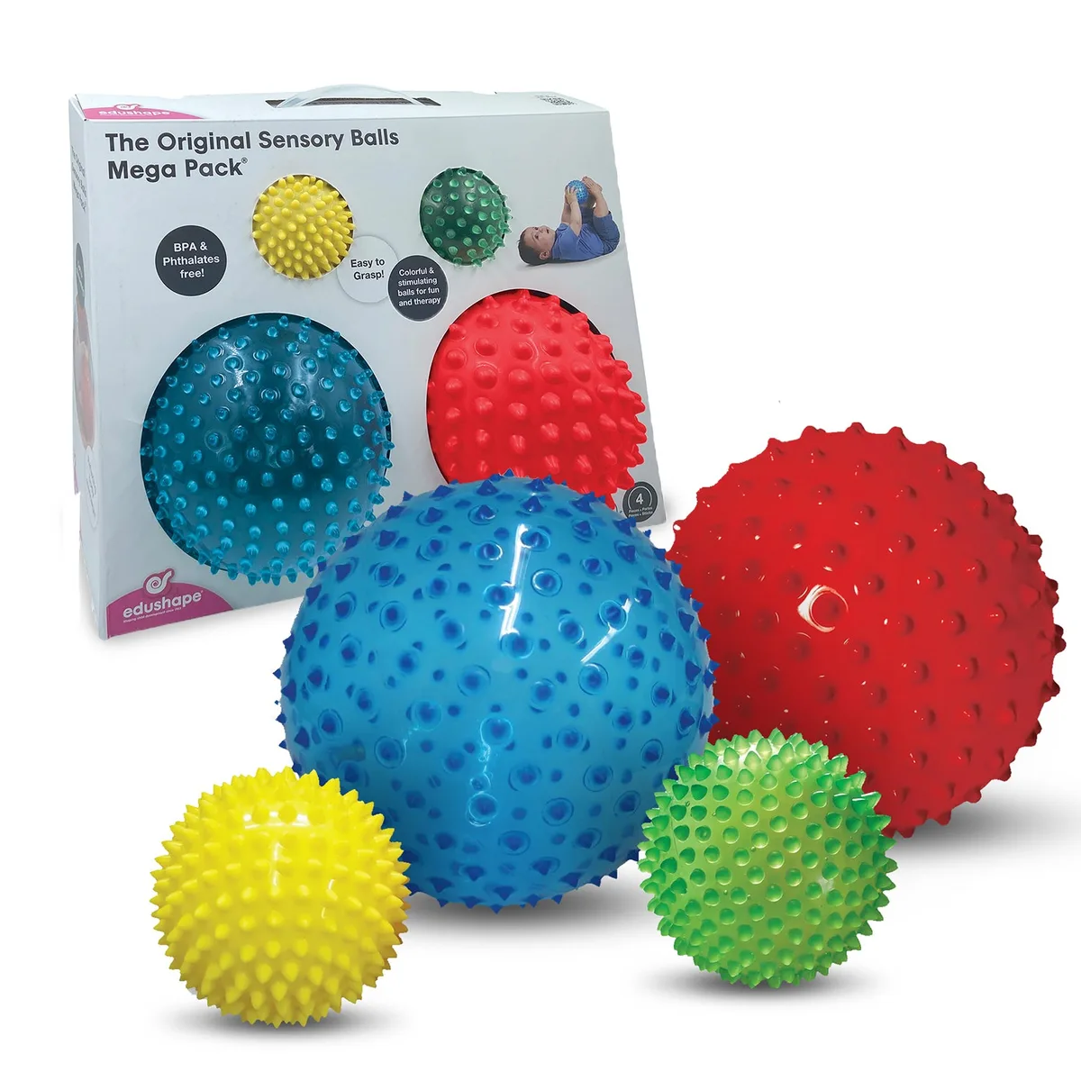 The four-ball Mega Pack with retail packaging showing texture variety across sizes.