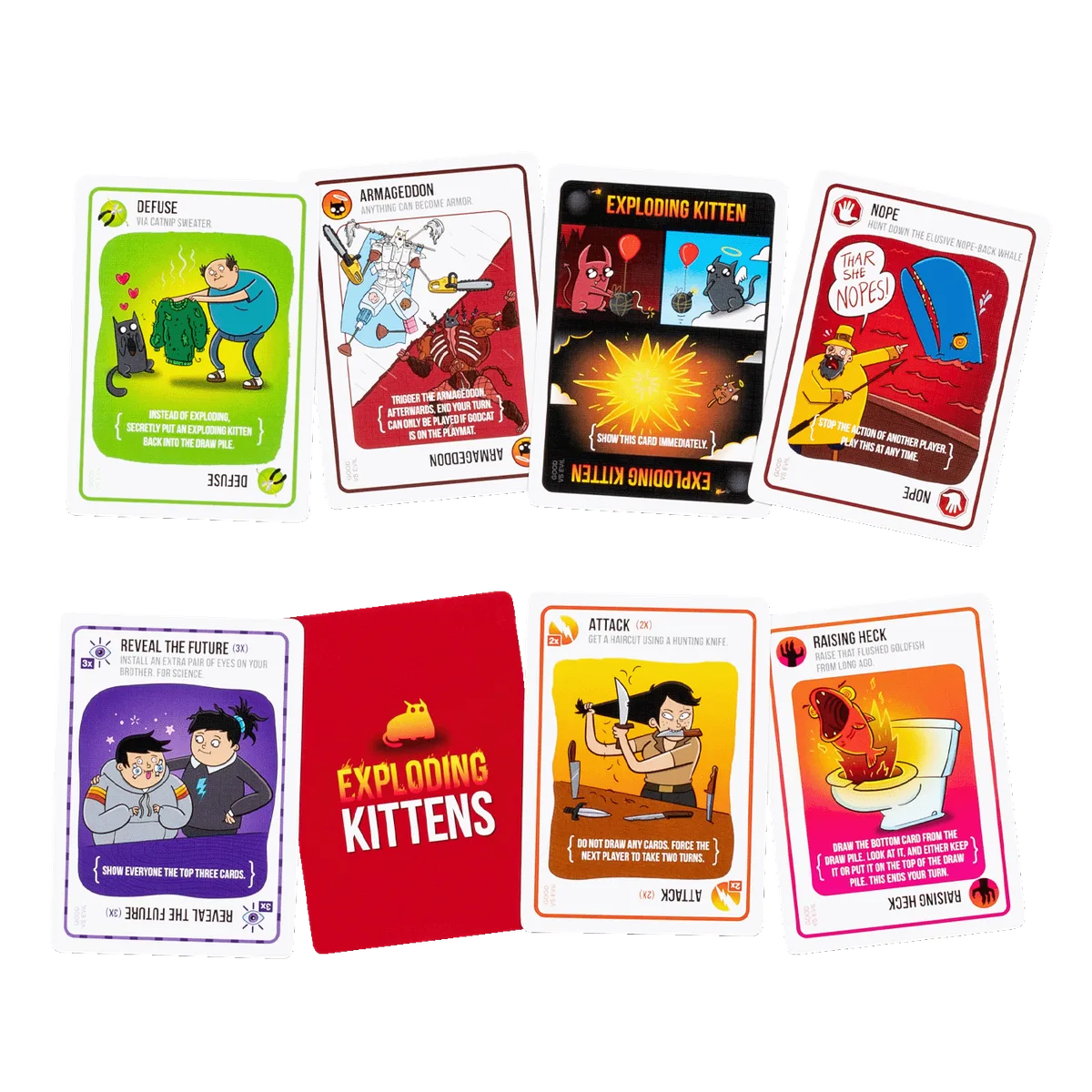 A spread of action cards shows the Defuse, Attack, and Exploding Kitten mechanics that drive each ro