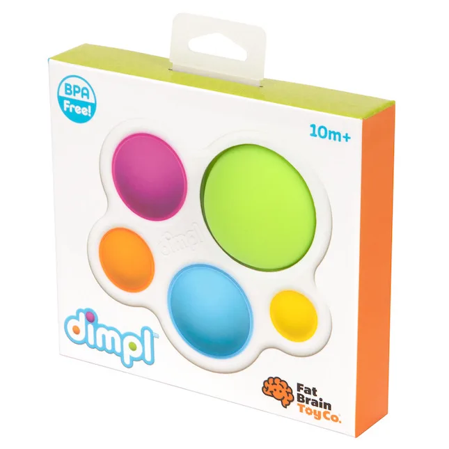 Retail packaging displays the Dimpl's five-bubble configuration and the manufacturer's 10m+ age guid