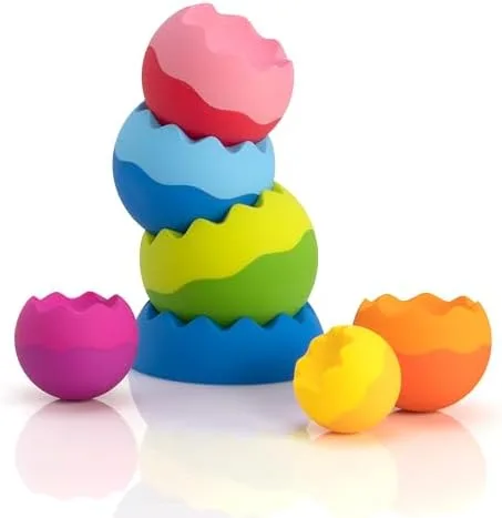 The six weighted, rounded pieces nest and stack with built-in instability that invites careful place