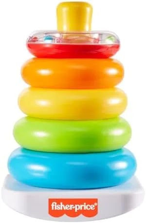 The completed stack: yellow on top, blue on bottom, every ring sized to teach order through trial.