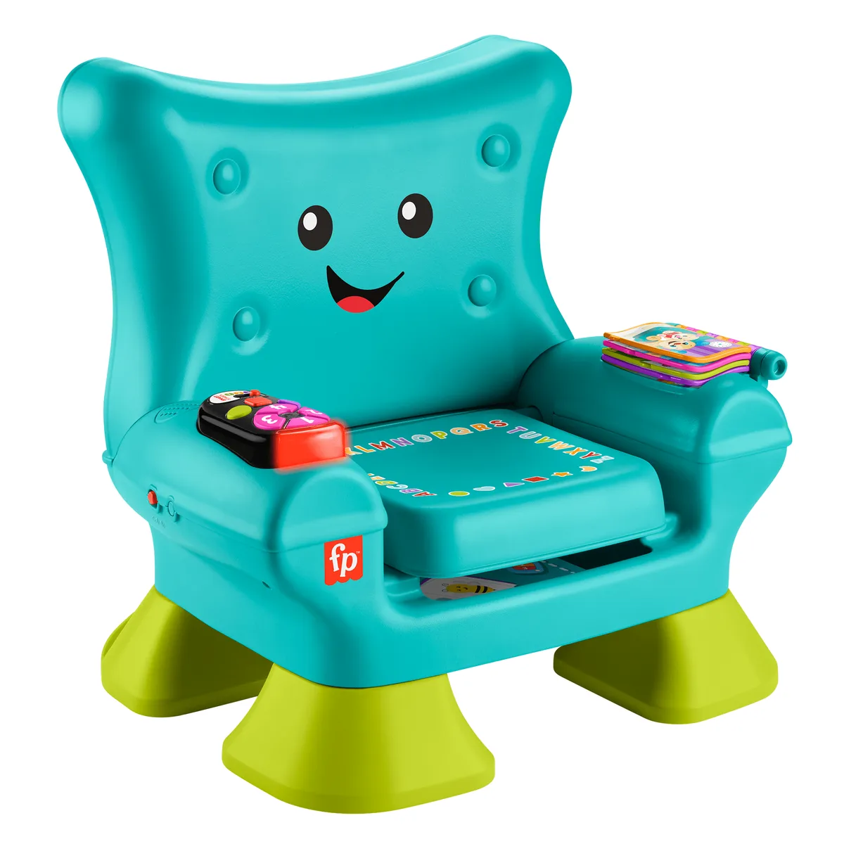 The Smart Stages Chair in studio: teal silhouette, lime feet, and that knowing little face.