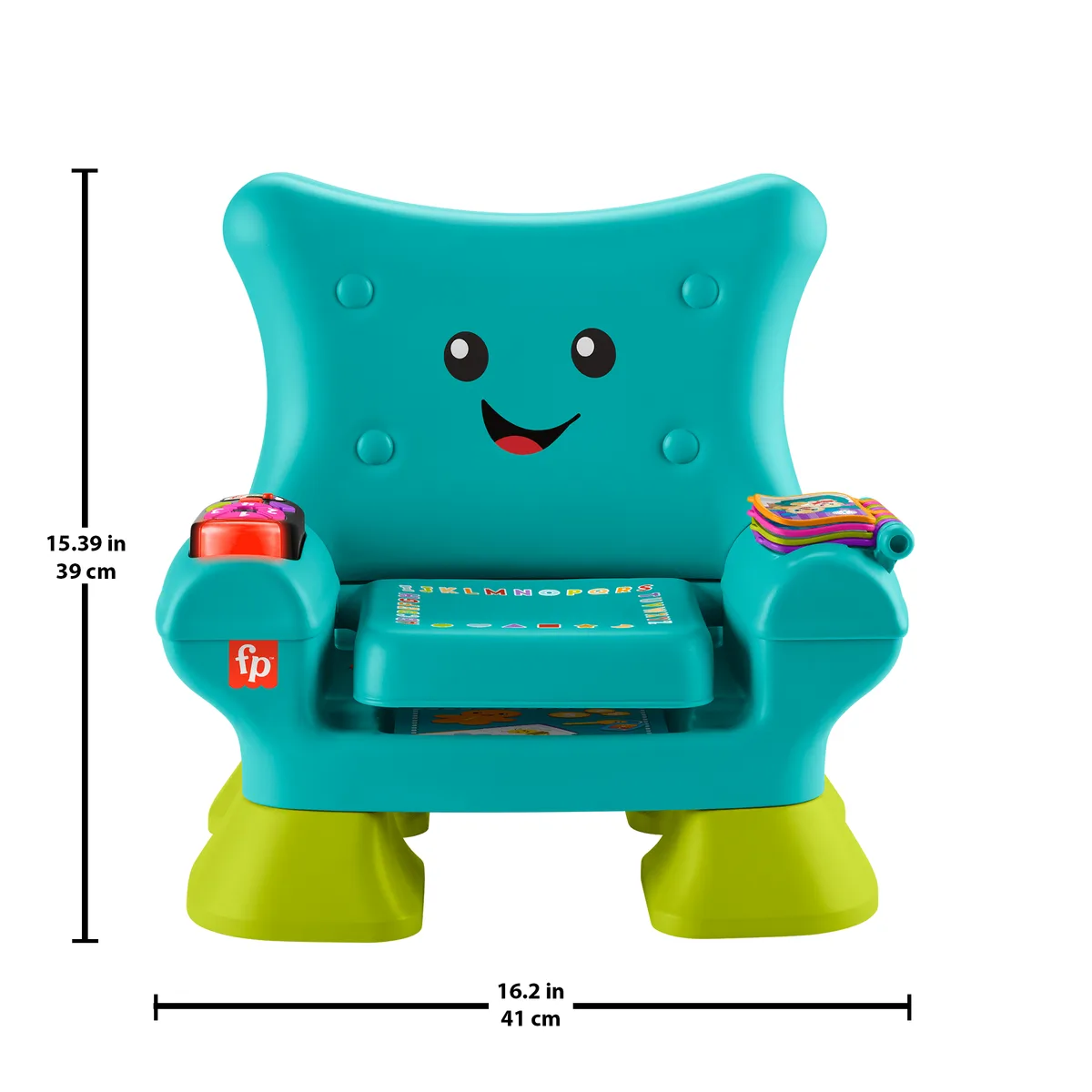 Front elevation with dimensions: 15.39 inches tall, 16.2 inches wide — sized for the under-three set