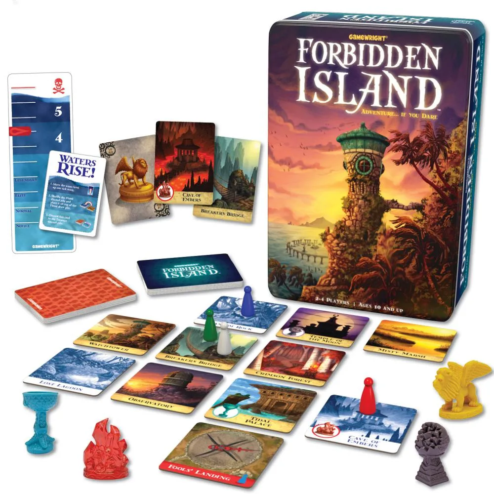Tin, island tiles, Waters Rise card, and treasure pawns — every component cooperative play depends o