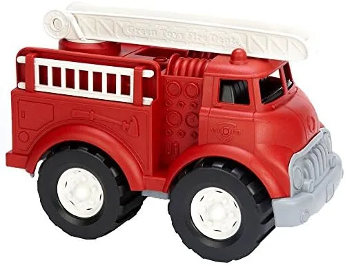 The Green Toys Fire Truck molded entirely from recycled milk jugs, ladder extended.