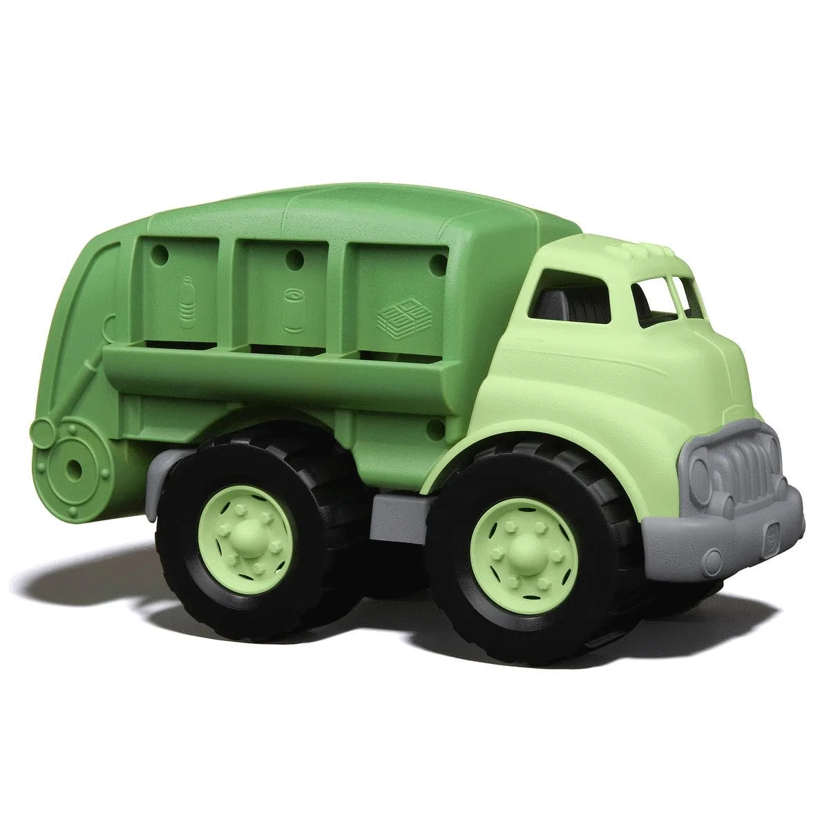 The Green Toys Recycling Truck, molded from recycled HDPE in two-tone green with chunky rubber tires
