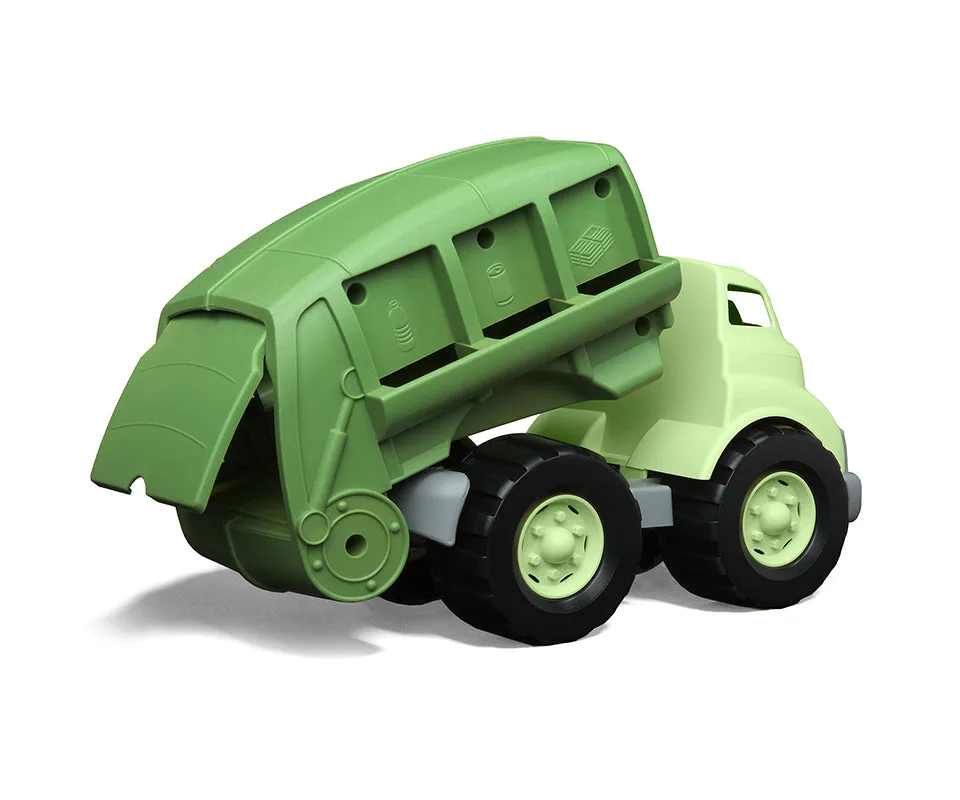 The hopper tilts to reveal the dump mechanism that delights toddlers during pretend collection runs.