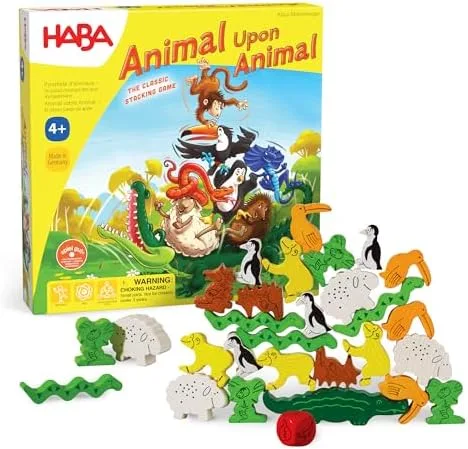 The complete HABA Animal Upon Animal set with its German-printed box and twenty-nine wooden animals.