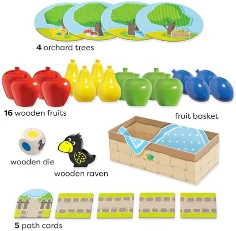 Everything in the box: four orchard trees, sixteen wooden fruits, a color die, raven, basket, and fi