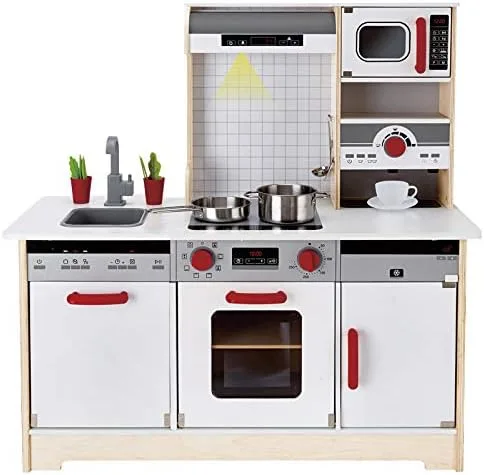The kitchen's clean Scandinavian profile shows refined detailing across stovetop, oven, and microwav