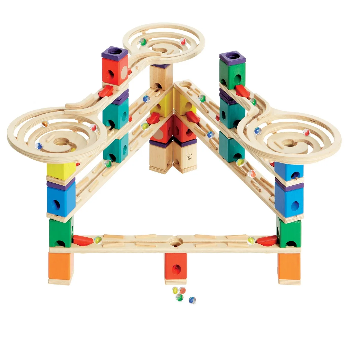 A symmetrical three-spiral build illustrates how repeating geometry teaches structural balance throu