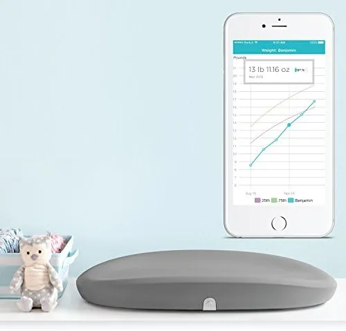 The Grow pad paired with its companion app, charting weight in tenths of an ounce.