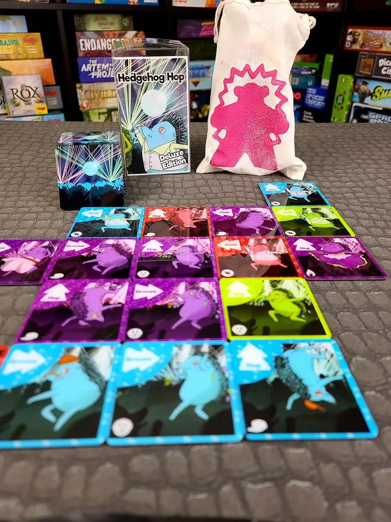 Components laid out for a session — every dance card flipped face-up before the first roll.