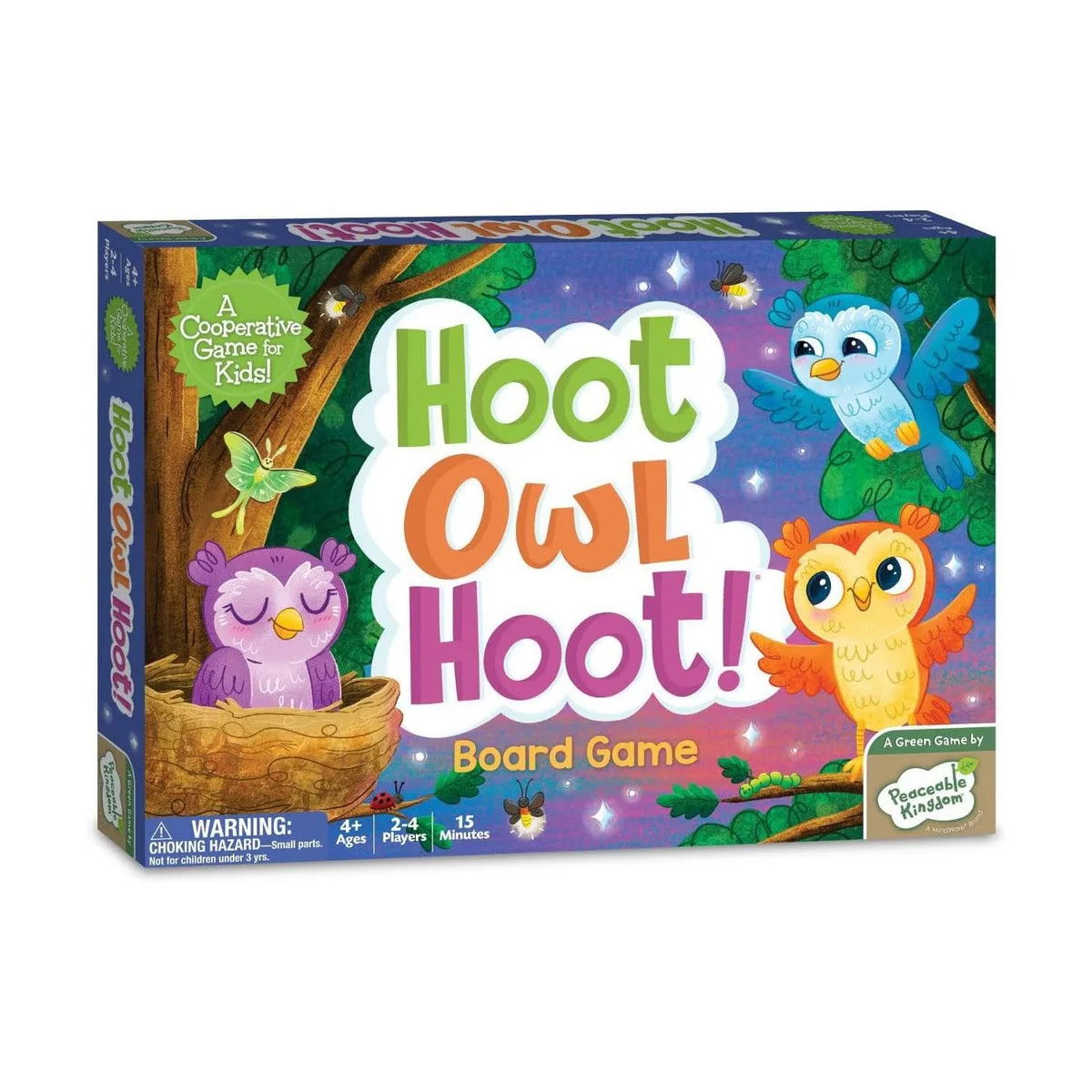 Peaceable Kingdom's box art telegraphs the cooperative premise: owls flying together toward home bef