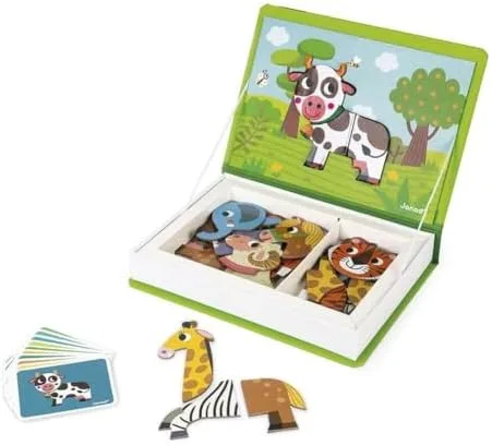 Reference cards prompt children to assemble specific animals from the magnet pool.