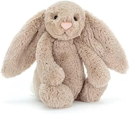 The Bashful Beige Bunny, ears and feet weighted with the brand's signature flop.
