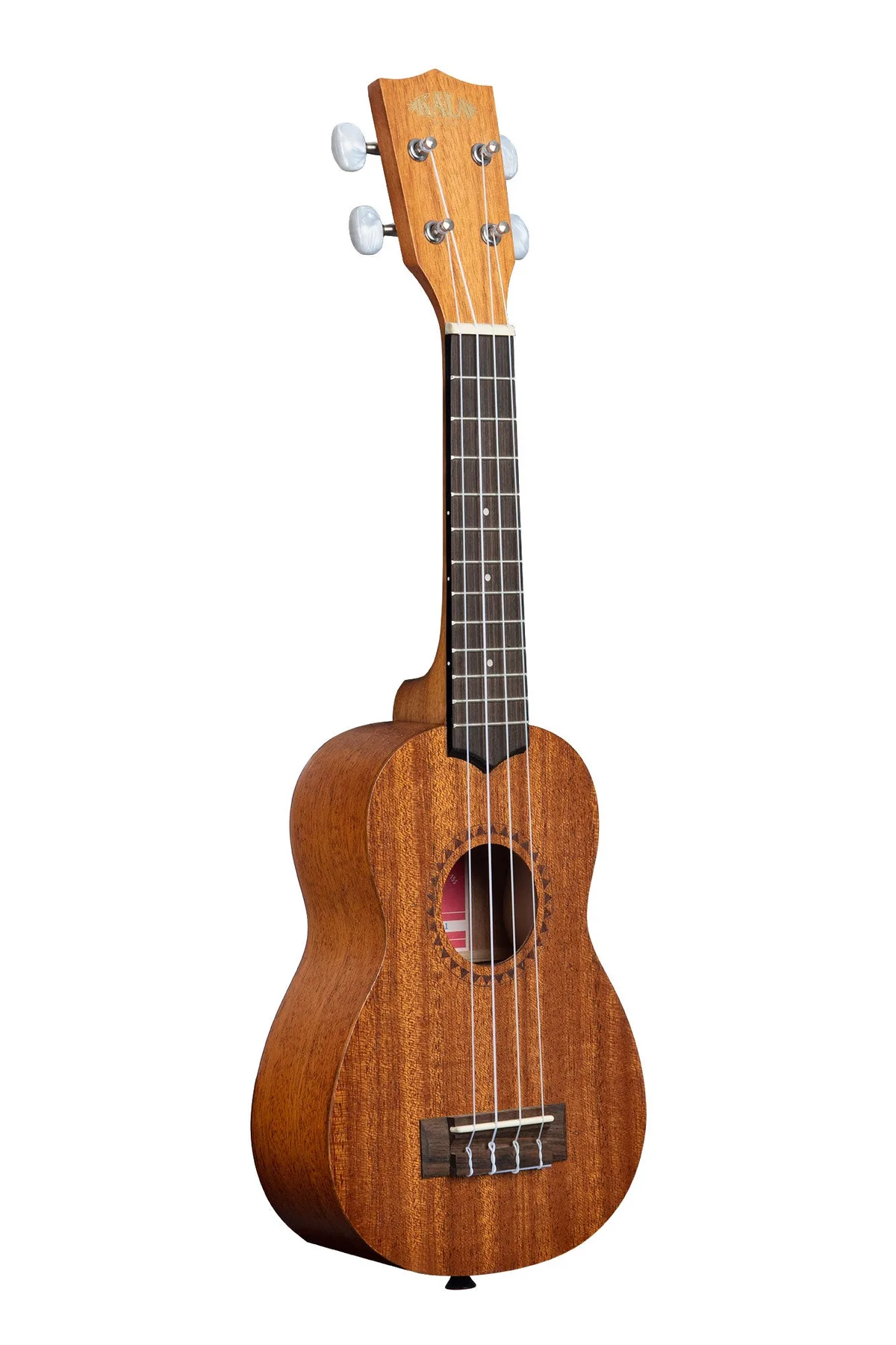 The Kala Makala soprano displays its mahogany body, slotted headstock, and friction tuning pegs.