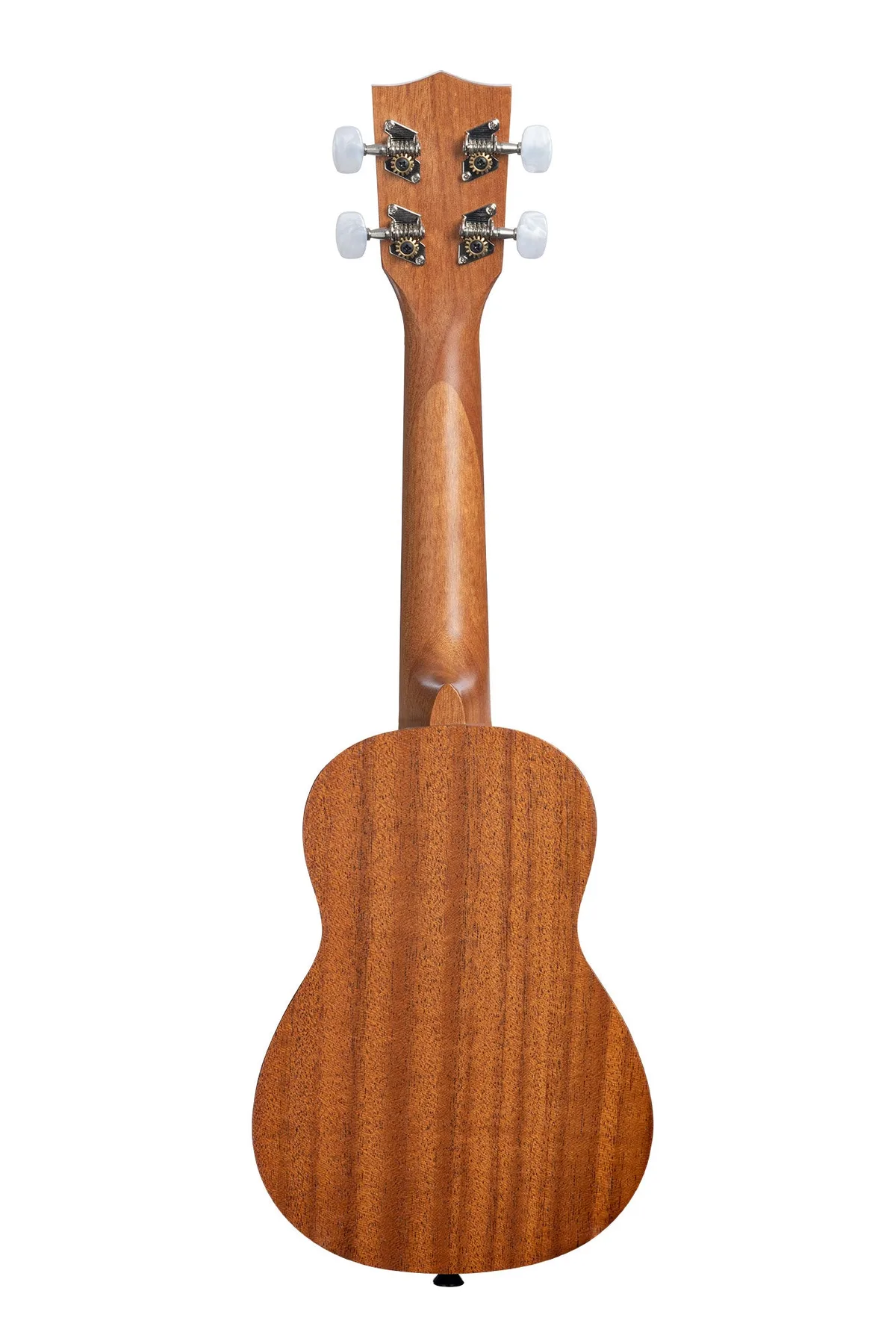 The instrument's reverse shows mahogany grain across a single-piece back and sealed geared tuners.