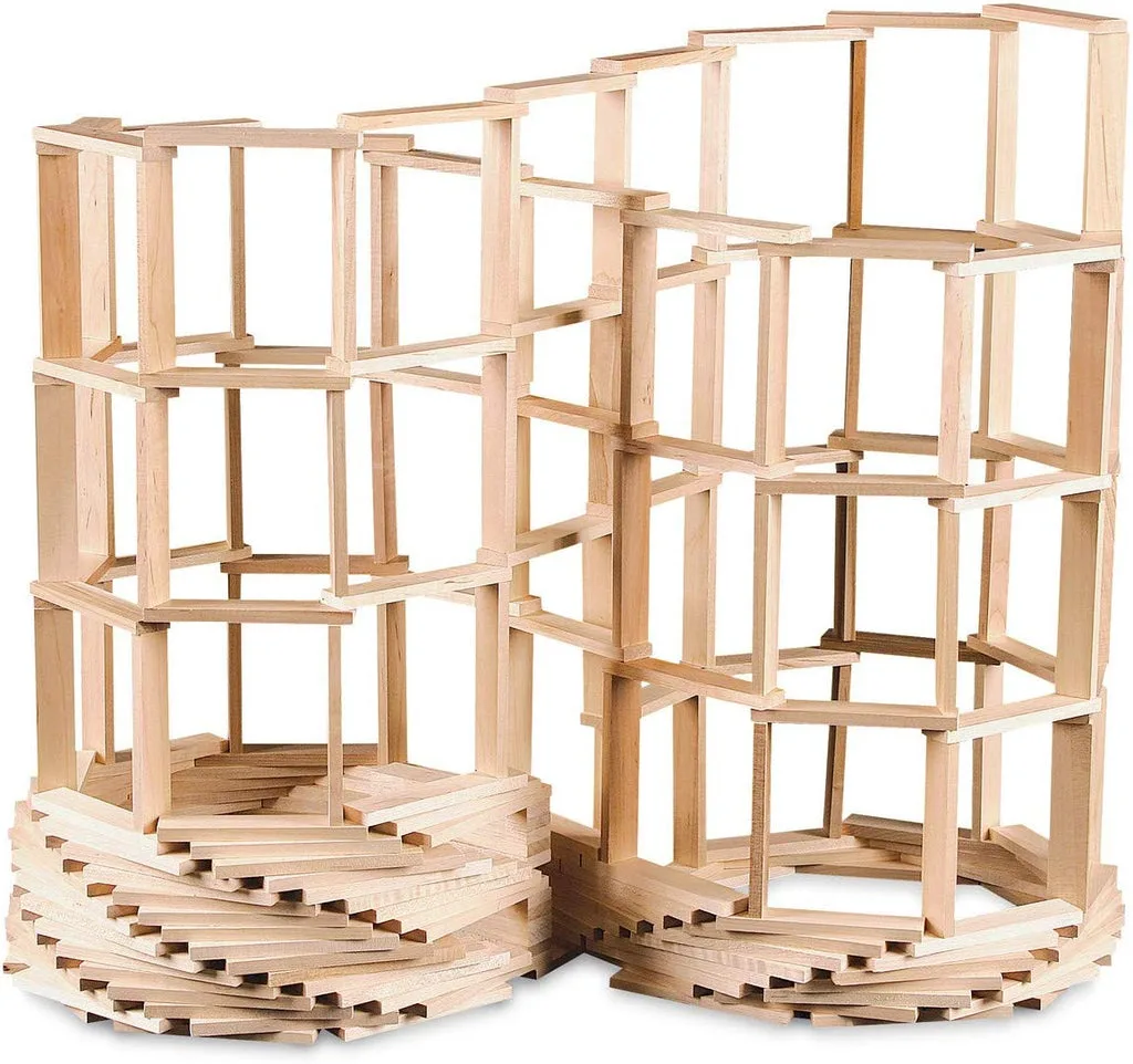 A complex KEVA structure demonstrates how identical pine planks, held only by gravity, produce archi