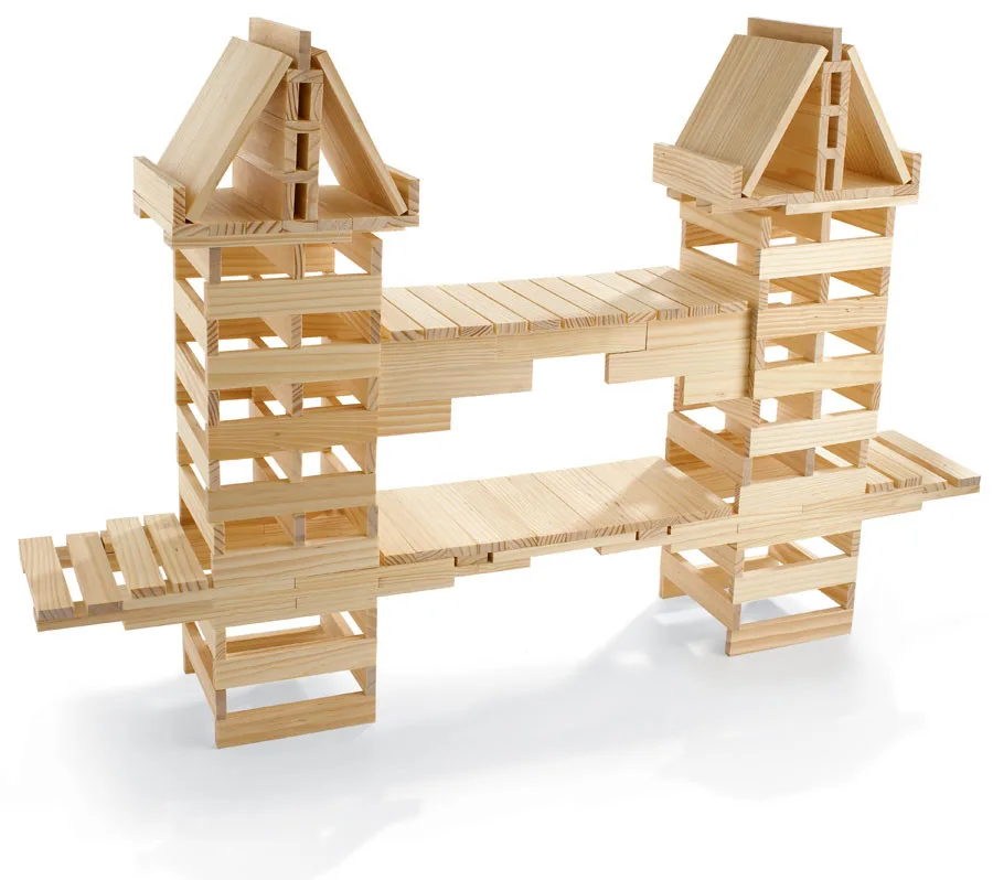 A bridge build illustrates the structural engineering principles KEVA's identical planks make tangib