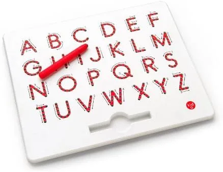 The red stylus rests across the board, demonstrating the storage groove and erase bar mechanism.