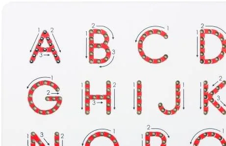 Numbered directional arrows on each letter teach correct stroke order alongside the tactile beads.